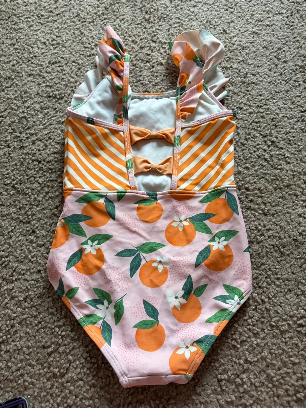 B51 Ruffle Butts 6Y 1pc Swim, Orange and Stripe Print